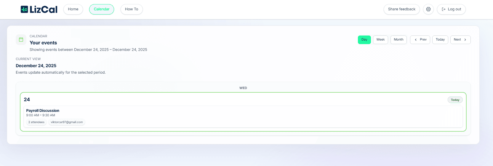 LizCal calendar view showing scheduled events created automatically