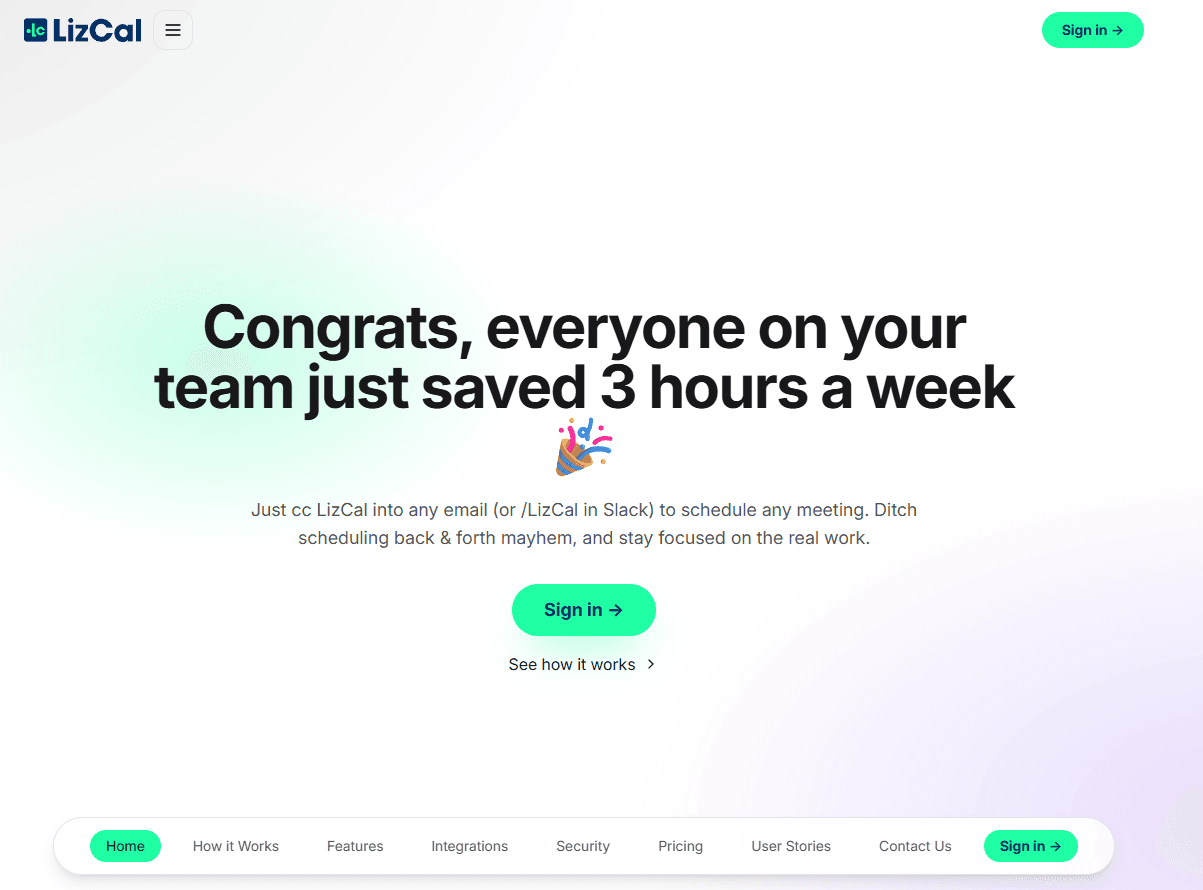 LizCal landing page highlighting the standalone scheduling workspace
