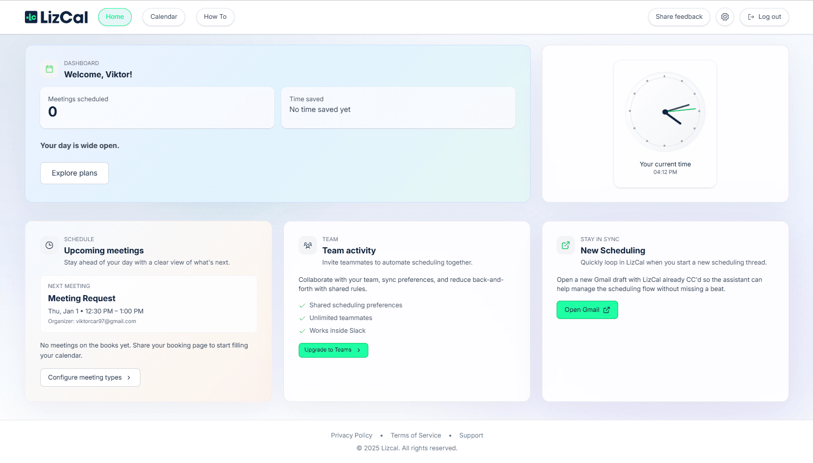 LizCal dashboard used to manage billing and workspace setup