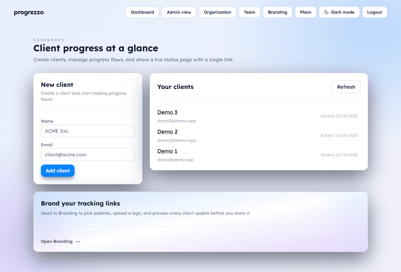 Progrezzo dashboard showing clients and progress flows