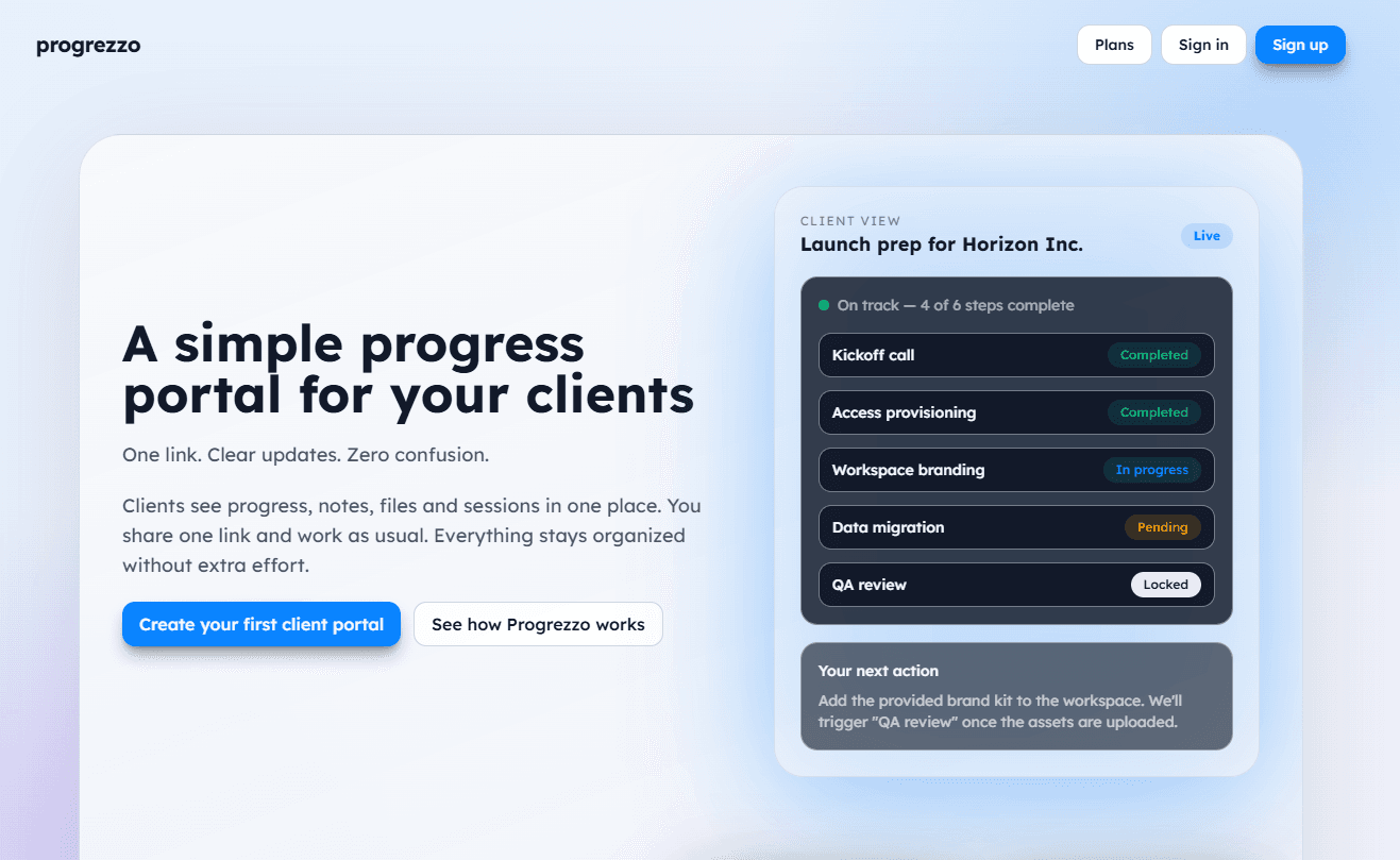 Progrezzo marketing and auth entry point with glassmorphism styling