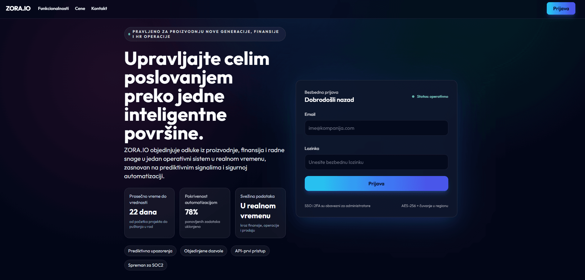 ZORA.IO workspace showcasing ERP modules and navigation